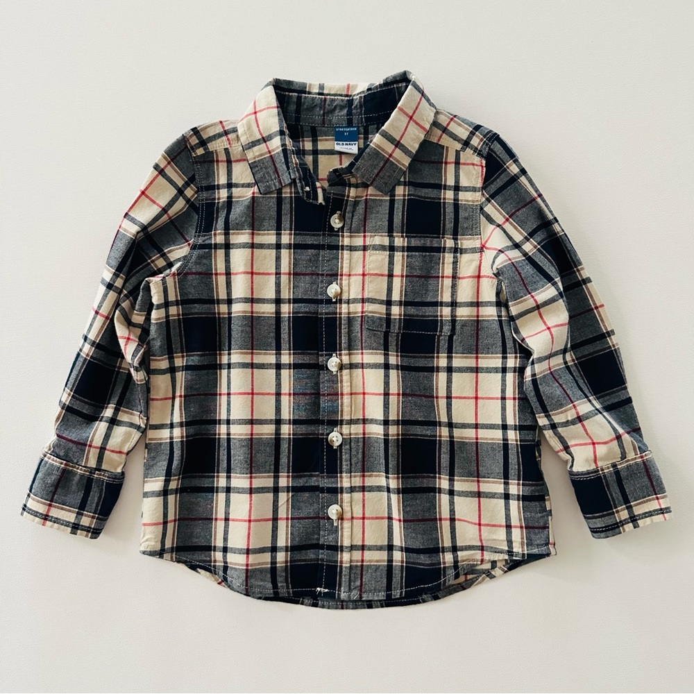 Old Navy 3T Toddler Boy Plaid Button Down Shirt Navy Cream